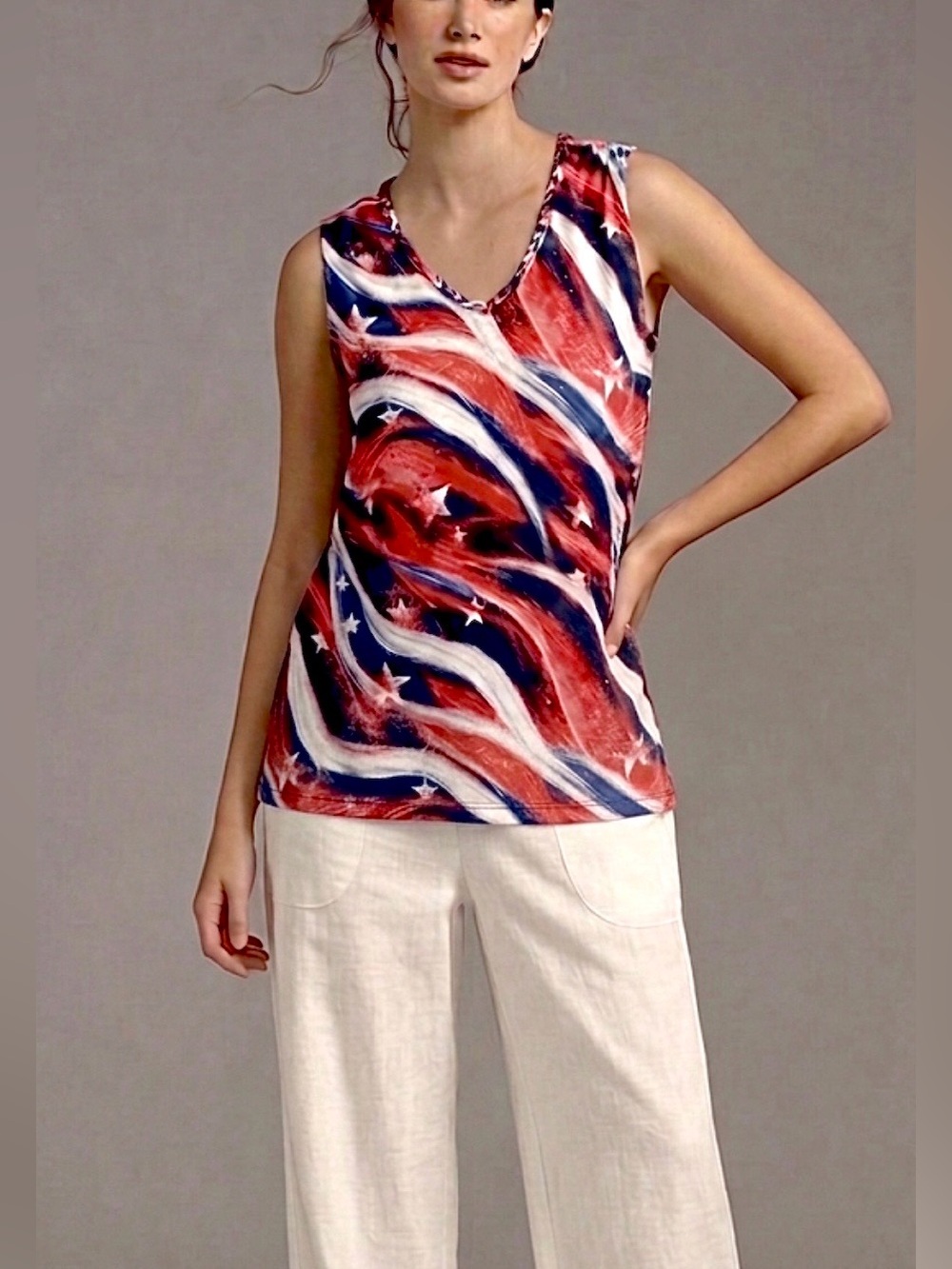 WOMEN PATRIOTIC SPARKLY STARS & STRIPES STRETCH TOP 2X/3X SLEEVELESS USA $45 NWT